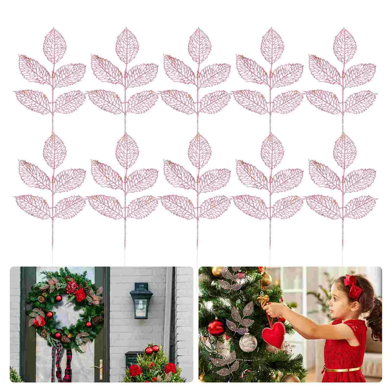 

10 Pcs Rose Leaves Five-pronged Leaf Christmas Decorations Floral Picks Glitter Powder Tree Artificial