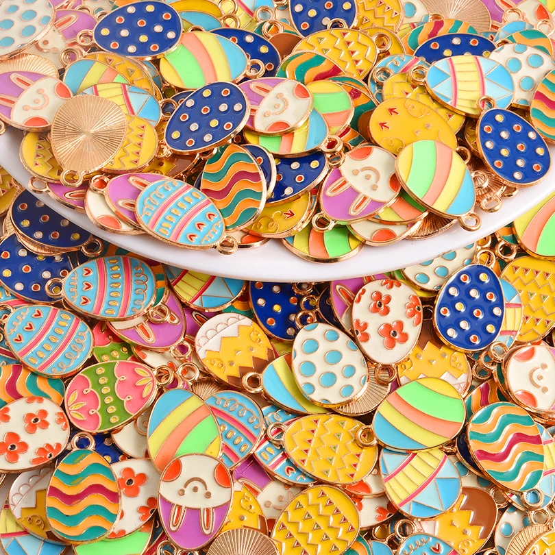 

10/20/30/50pcs Random Mix Colorful Easter Egg Charms For Jewelry Making Bulk Enamel Rabbit Flower Chicken Oil Drop Pendant Charm
