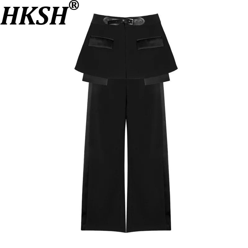 

HKSH Весна Осень Новые женские широкие брюки из двух частей Короткая юбка с поясом в стиле пэчворк Элегантная мода Темный тренд Высококачественный HK18268