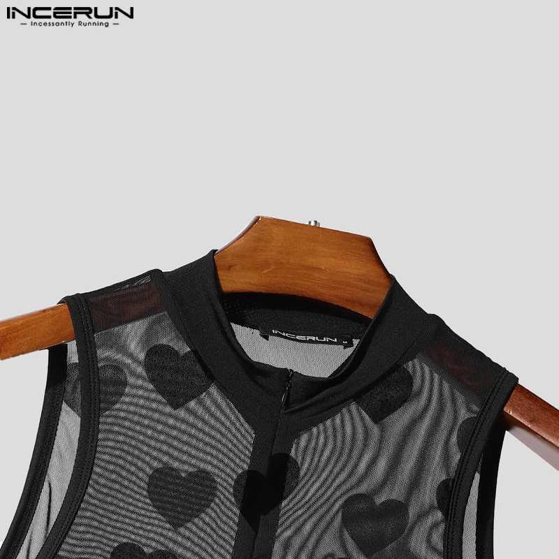INCERUN เสื้อกันหนาวผู้ชายพิมพ์ตาข่าย Patchwork ดูผ่านเซ็กซี่ชาย Rompers 2025 ซิปแขนกุดแฟชั่นบอดี้สูทผู้ชาย S-5XL