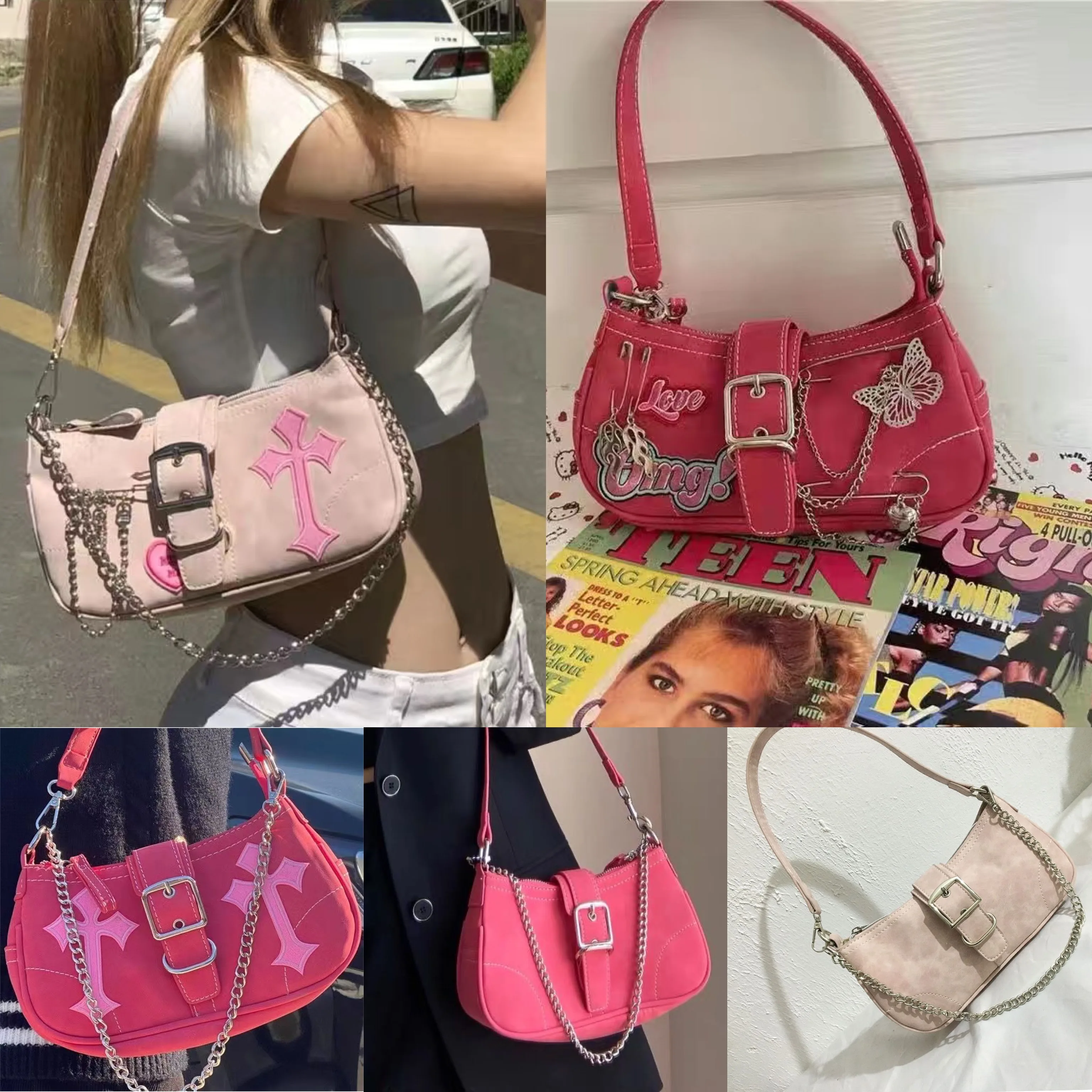 Y2K Sweet Cool Women's Underarm Bag Hot Girls Pink Shoulder Bags Messenger Bag Retro Design Female Chain Purse Armpit Handbags