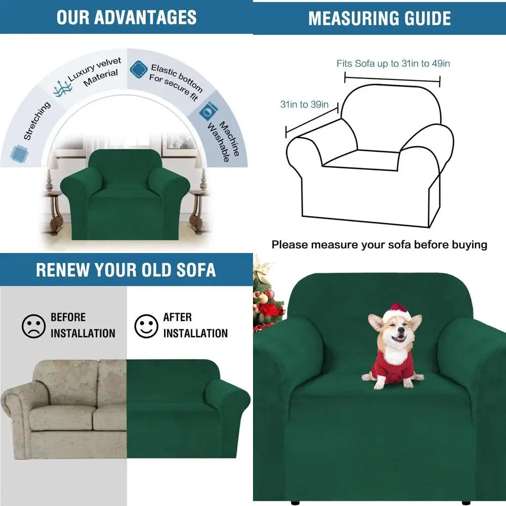 

Green Velvet Stretch Armchair Cover for Living Room, 31-49 Seat, Rich & Comfy Material