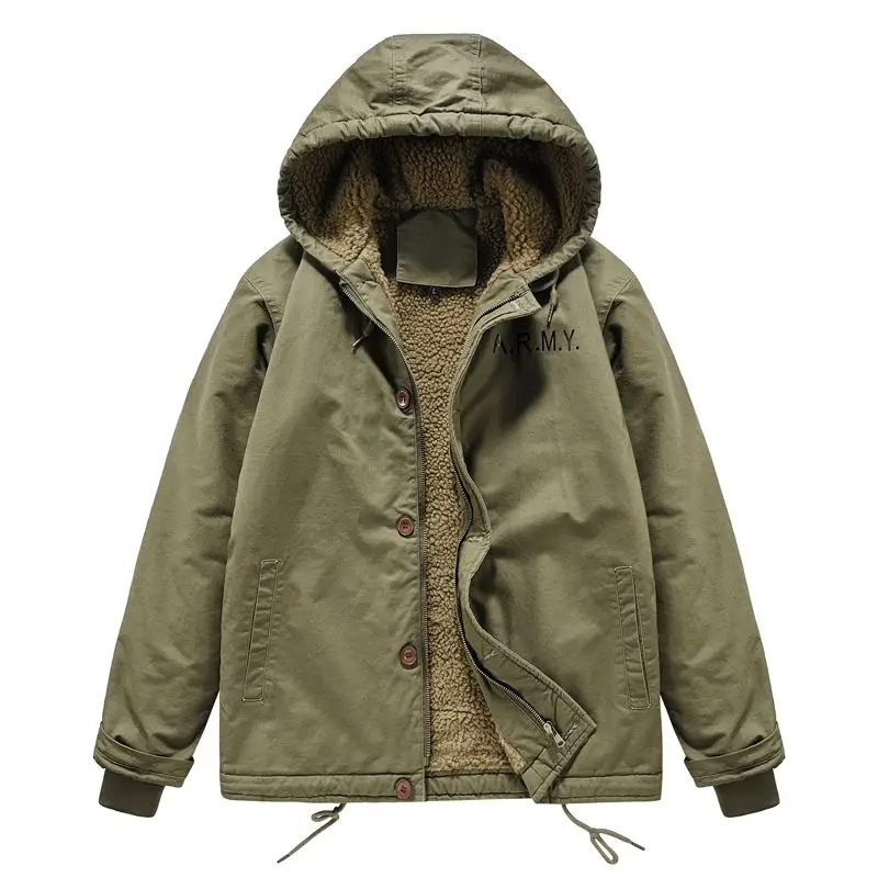 Winter Cotton-padded Men's Thickened Lamb Wool Jacket American Tooling Cotton Clothes Men's Navy Deck Clothes with Hooded Jacket