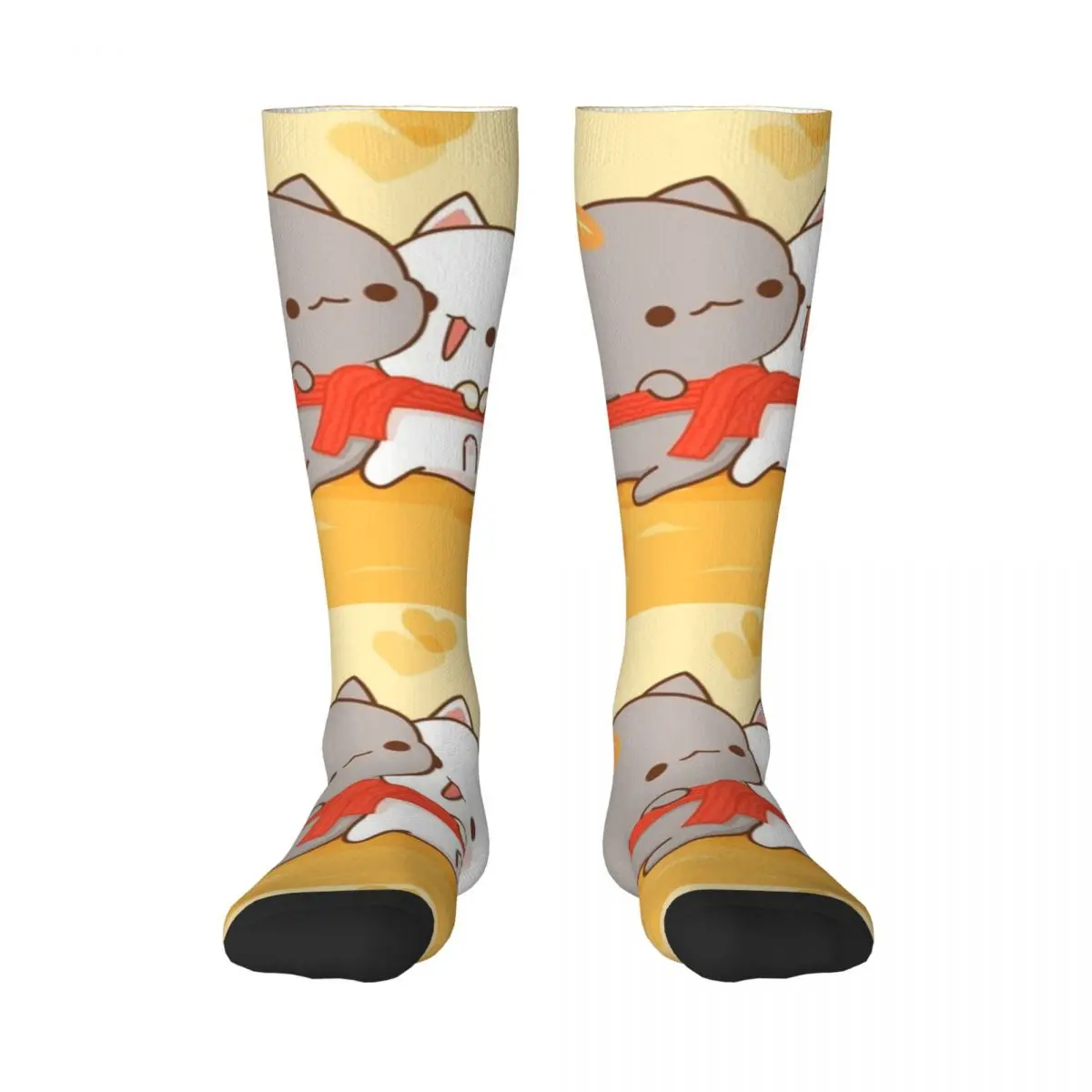 Funny Print Romantic Mochi Cat Peach And Goma Socks Women Girls Stretch Sports Knee High Stockings