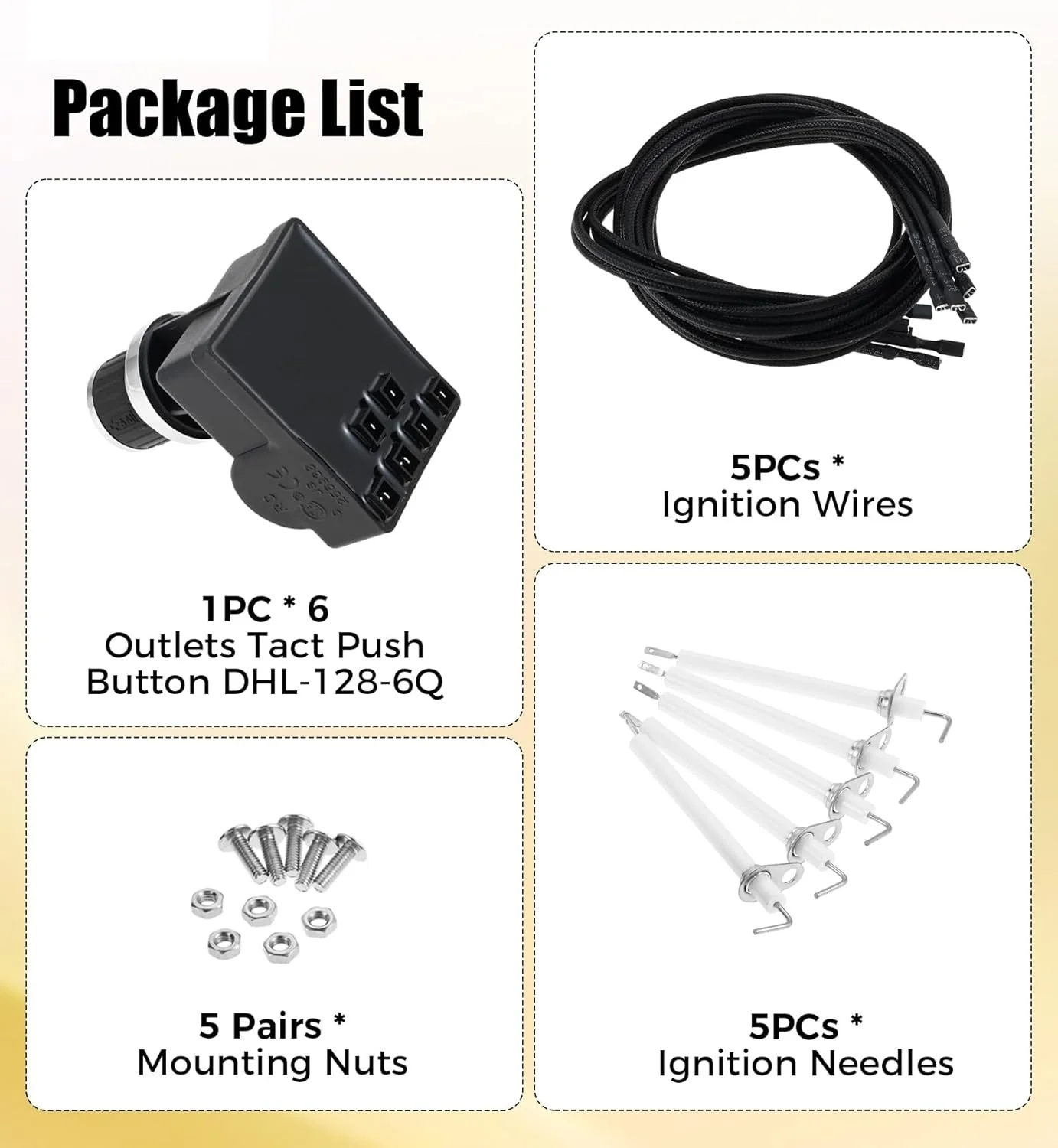 DHL-128-6Q Pulse Igniter Kit 6 Outlet Electronic Push Button Igniter with 5 Electrode Wires & Ceramic Electrodes