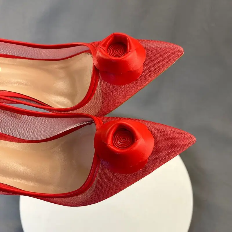 Tikicup Red Matte Women Summer Gauze Transparent Pointy Toe High Heel Shoes for Wedding Party Elegant Ladies Stiletto Pumps