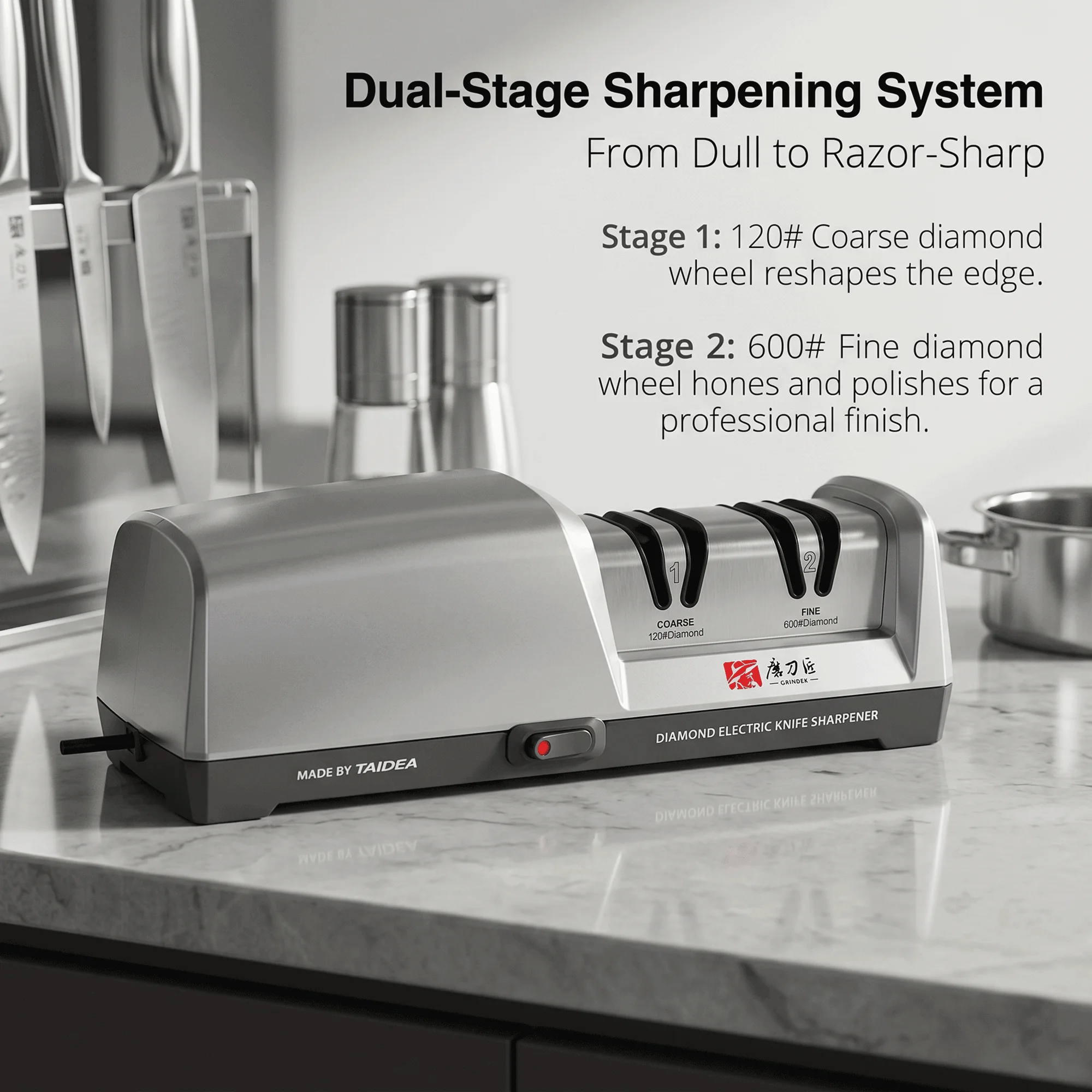 Taidea 2 Stages Electric Diamond Knife Sharpener 120 600 Grit Wheel Sharpening Tool ABS Stainless Steel Kitchen Must Have