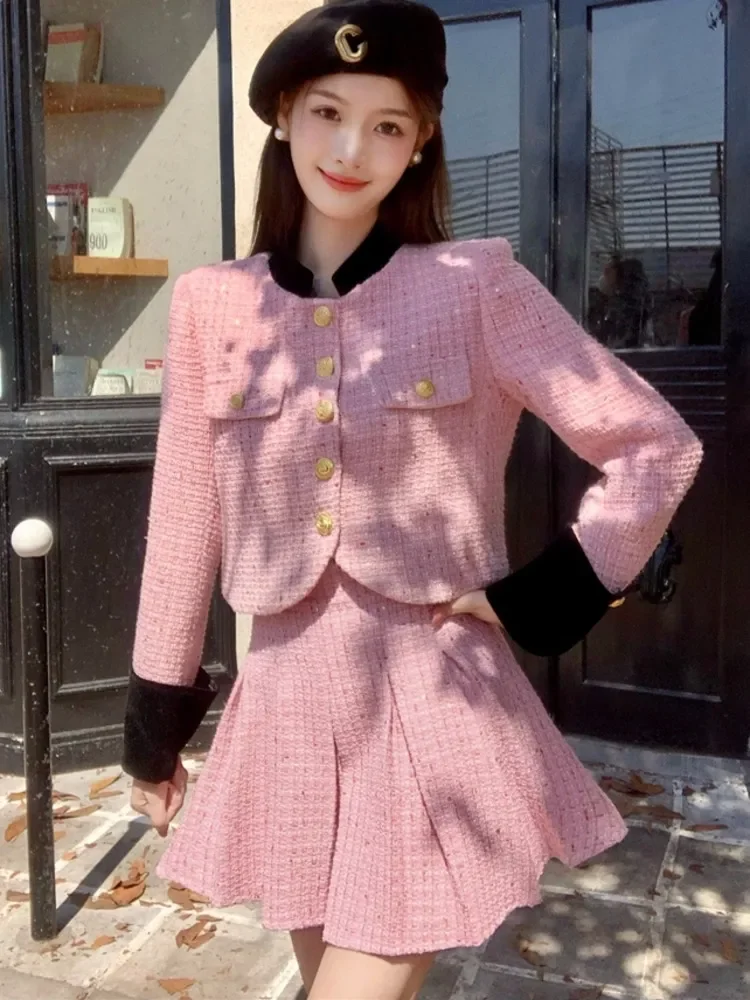 

High Quality Small Fragrance Tweed 2 Piece Sets Women Outfits Korean Fashion Sweet Short Jacket Coat + Skirt Two Piece Suits