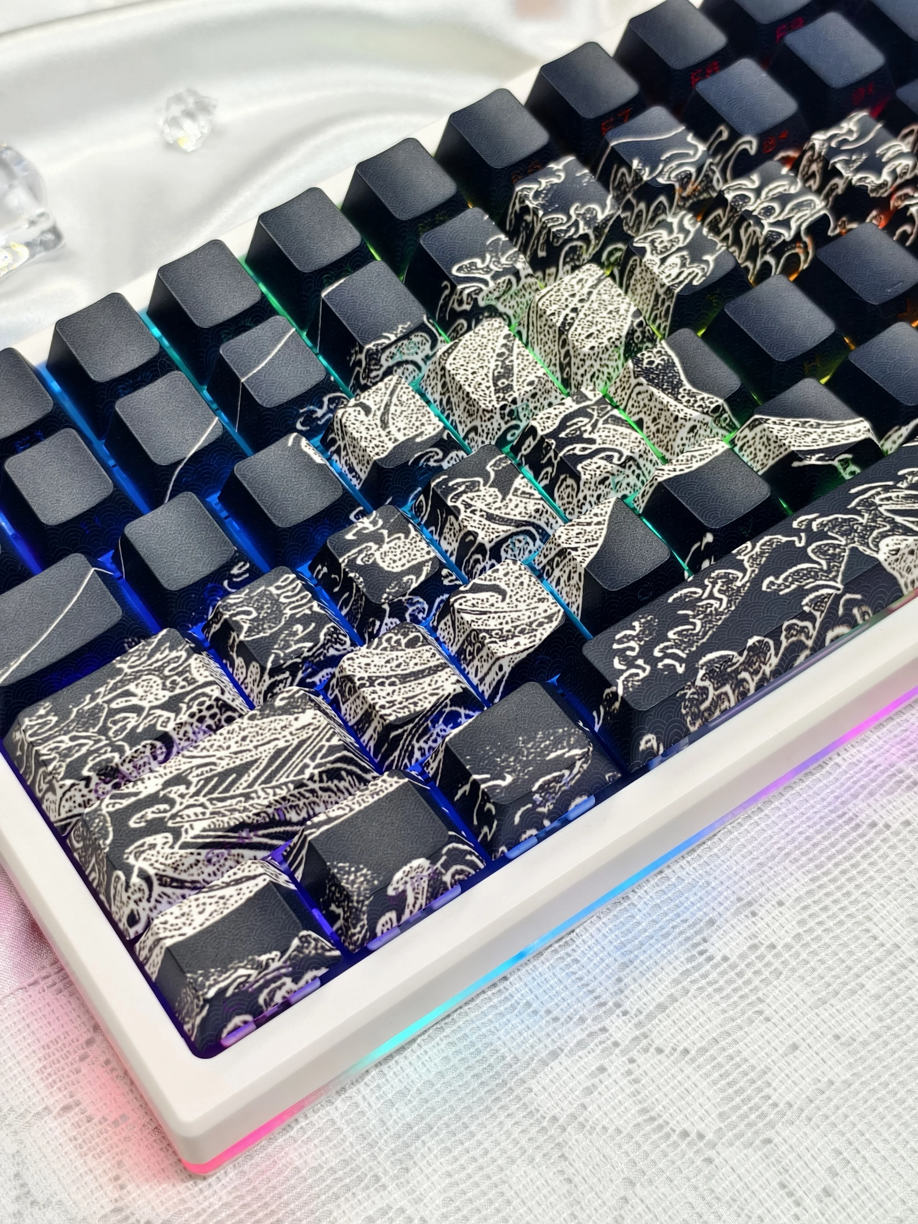 125 Keys Black Sea Wave Theme Dye Sub PBT Keycap Side Printed Shine Through Keycaps Cherry Profile for Cherry MX Switch Keyboard