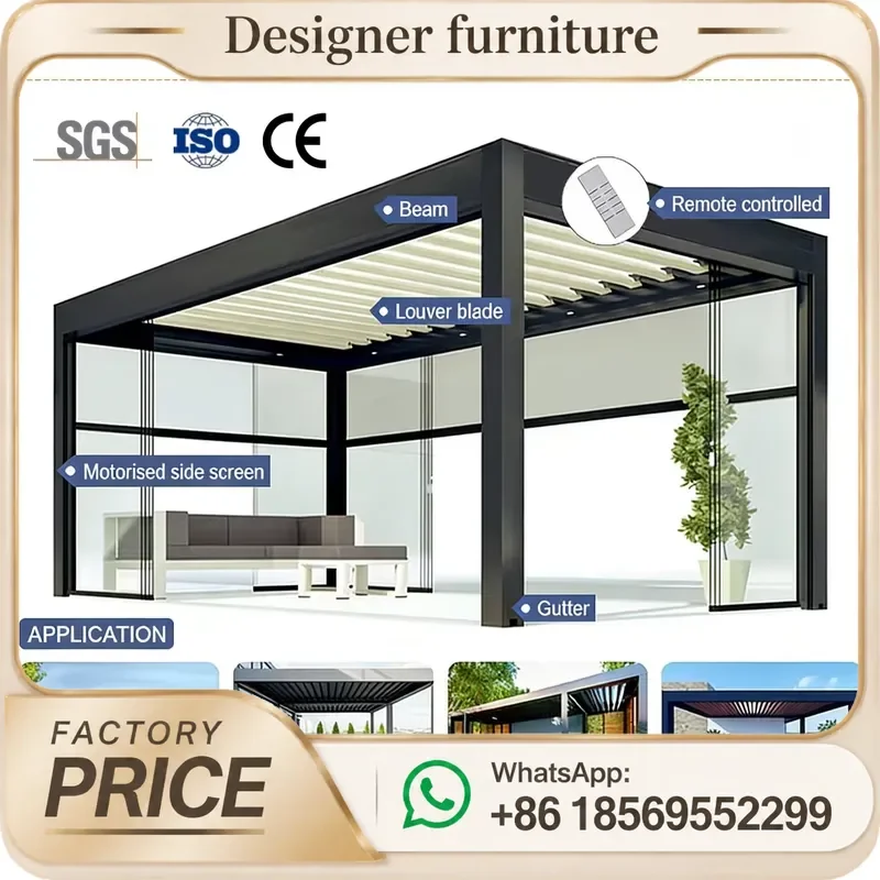 Motorized Aluminum Louvered Pergola Waterproof Bioclimatic Gazebo With LED Light For Backyard Poolside Patio Garden