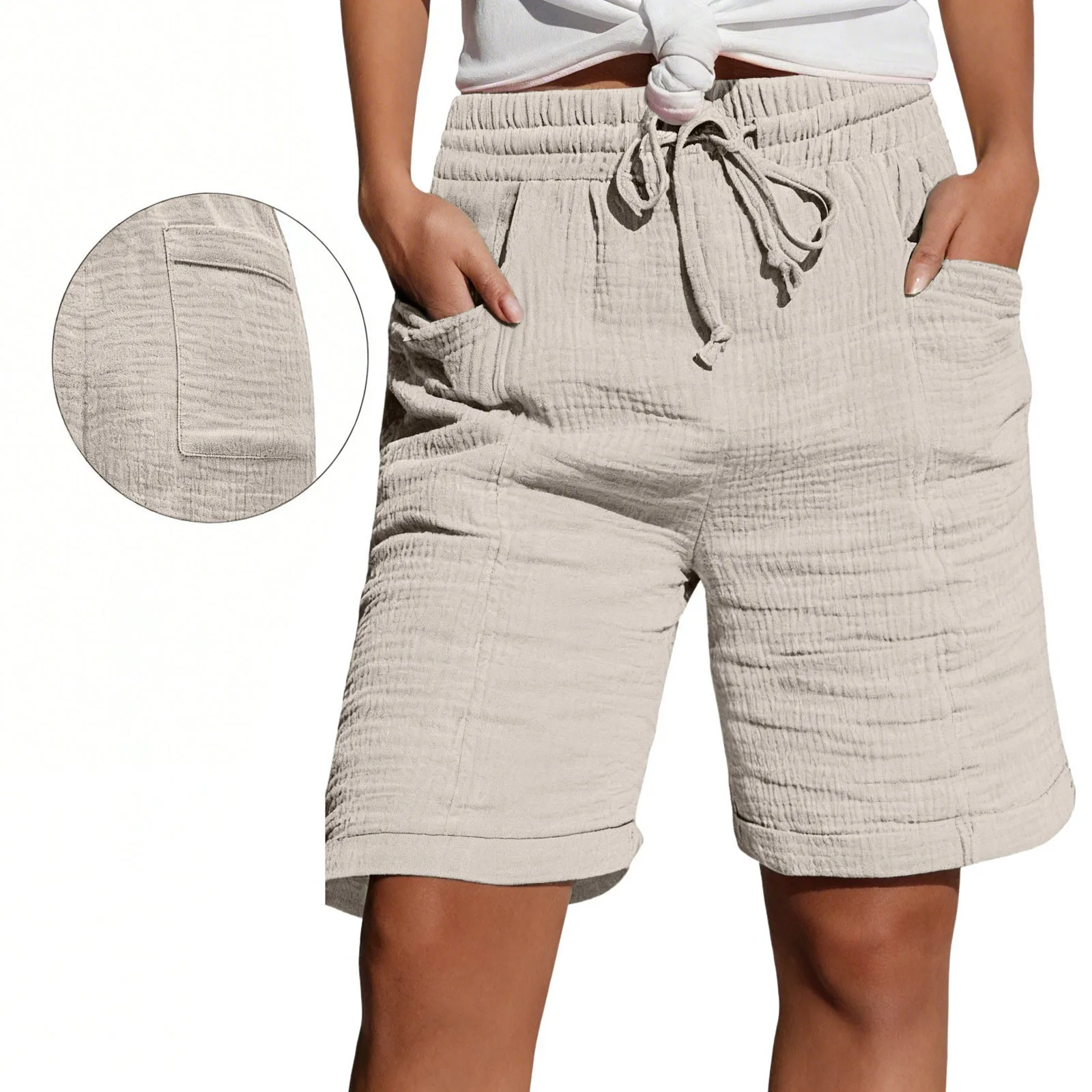 Summer Women's High Waist Tied Pocket Double Layered Pleated Cotton 5-Quarter Shorts European And American Cross-Border