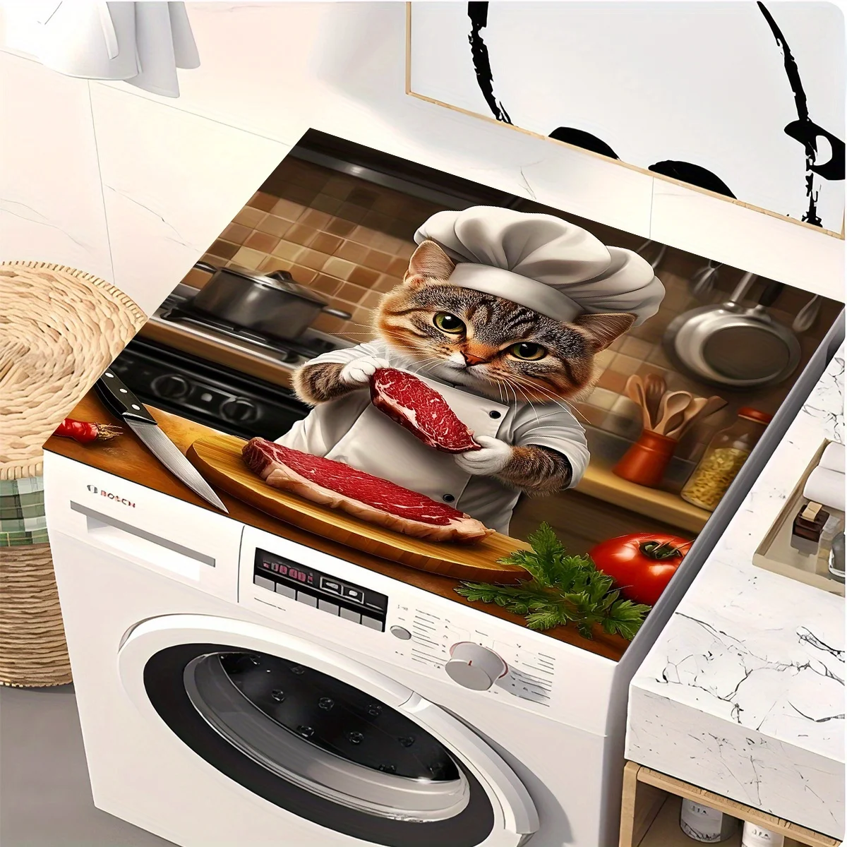 1 pieza con estampado de gato chef, se puede usar como tapete para cafetera, tapete para lavadora, tapete para microondas