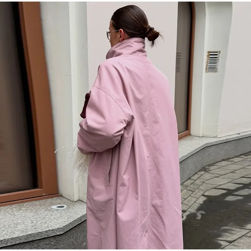 Damen Grasgrüner High-Street-Trenchcoat Stehkragen Fallende Schultern Knöpfe Großer Windbreaker 2026 Herbstmode Freizeitjacke – Detail 16