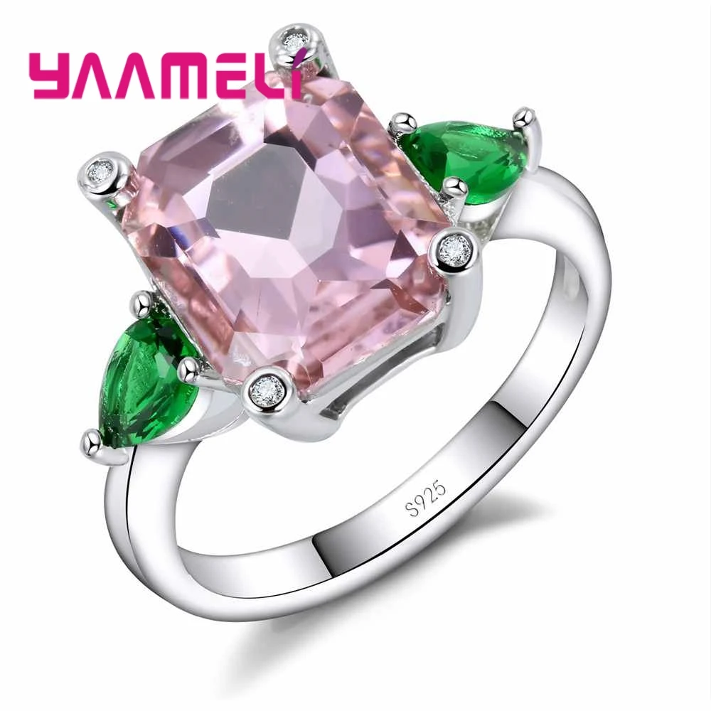 Brand Green Leaf Flower Shape Green Crystal Pink Stone Sweet Romantic Style 925 Sterling Silver Rings For Girl Gift