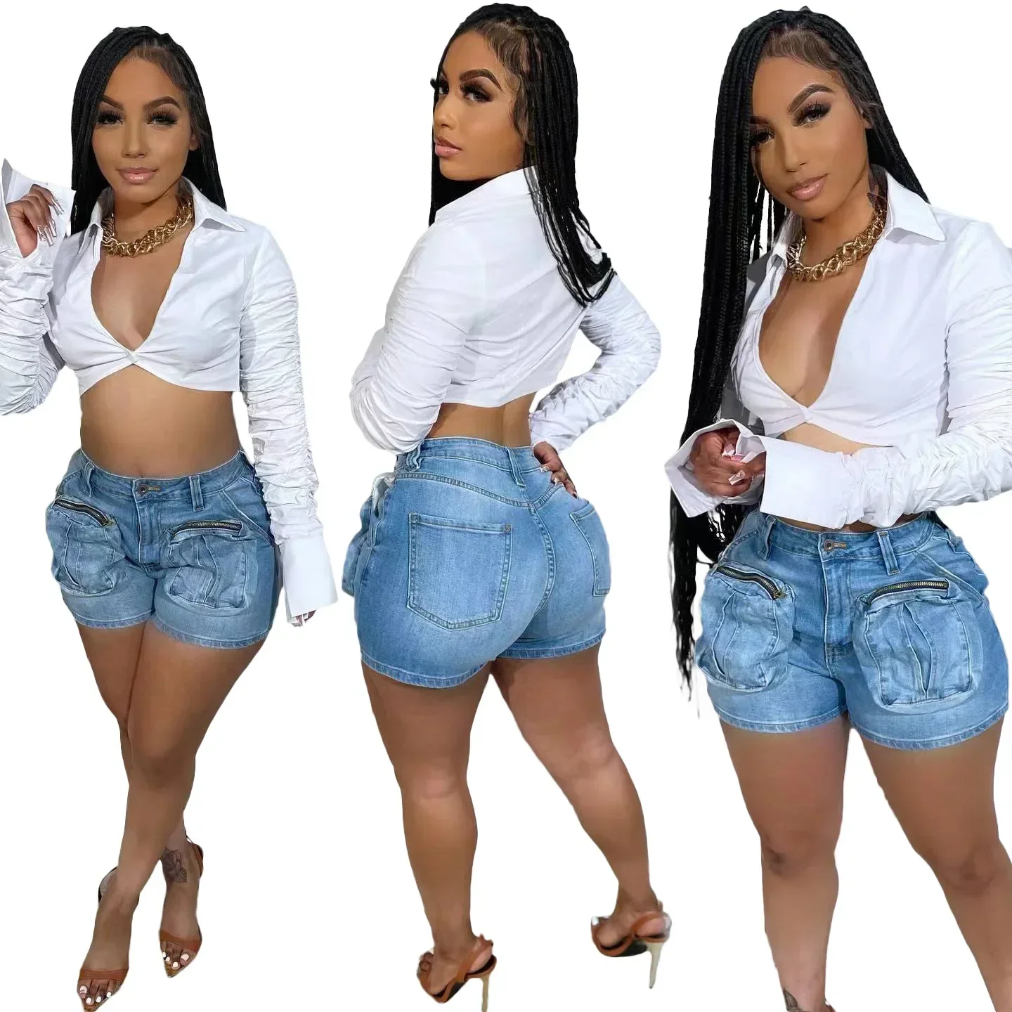 

Women Stretch Jeans Denim Shorts Mid Waist Sexy Slim Fit Distressed 2024 Streetwear Washed Multi Pocket Solid Short Pants