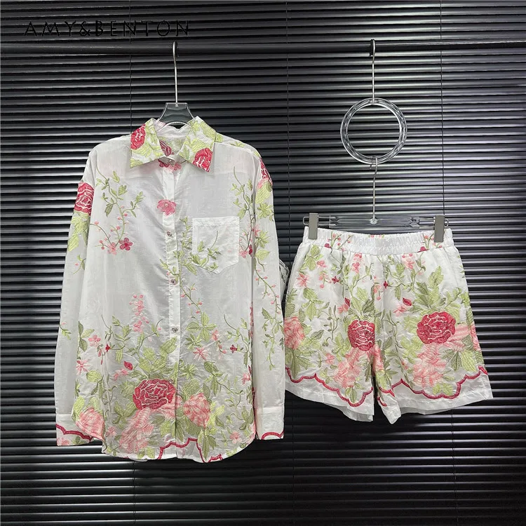 

Summer High-Grade Retro Flower Thin Embroidery Sun Protection Long Sleeve Shirt Wide Leg Pants Two Piece Sets Womens Outifits