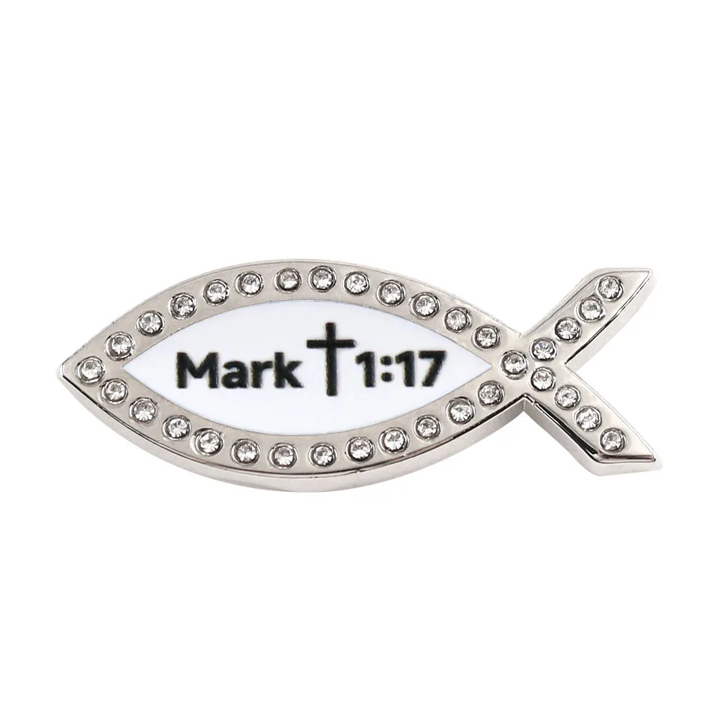 Strass-Brosche mit christlichem Jesus-Fisch, Mark 1:17 Bibelvers, Ichthys Metall-Abzeichen, religiöse Accessoires, Dekoration für Rucksack und Kleidung – Detail 1