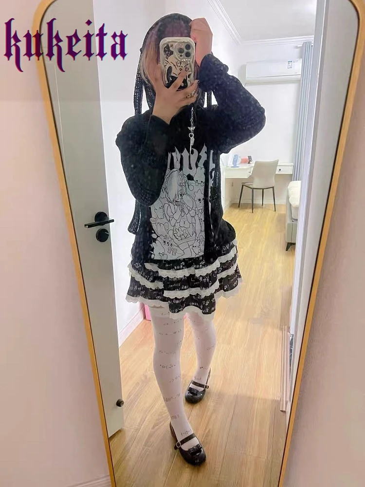 Harajuku Y2k nero bianco cartone animato stampa gonna ragazza gotica elastico in vita pizzo volant torta gonne Punk Ball Gown Kawaii minigonna