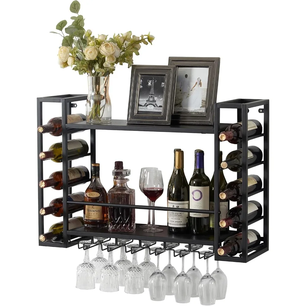 Wall Mounted Wine Rack with Glass Holder, Metal Bottle Holder Wine Storage Display Rack for Home Bar Dining Room Kitchen