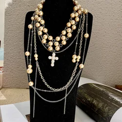 Handmade beaded pearl tassel necklace multi-layer chain stacked clavicle chain