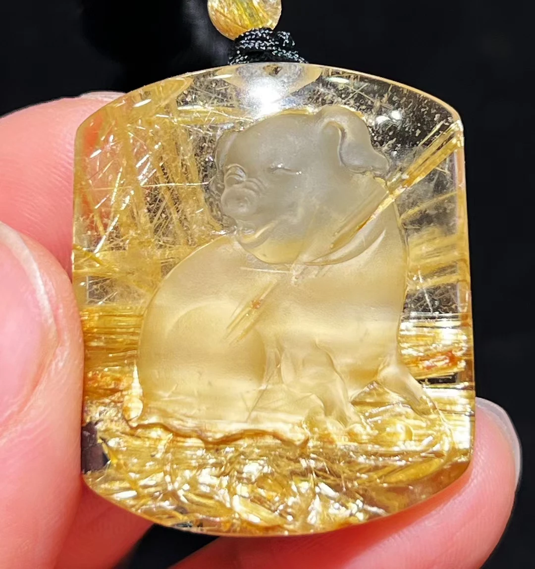 Natural Gold Rutilated Quartz Pendant Rectangle Rutilated Quartz Jewelry Pig 35.30.12mm Bead Men Women Brazil AAAAAAA