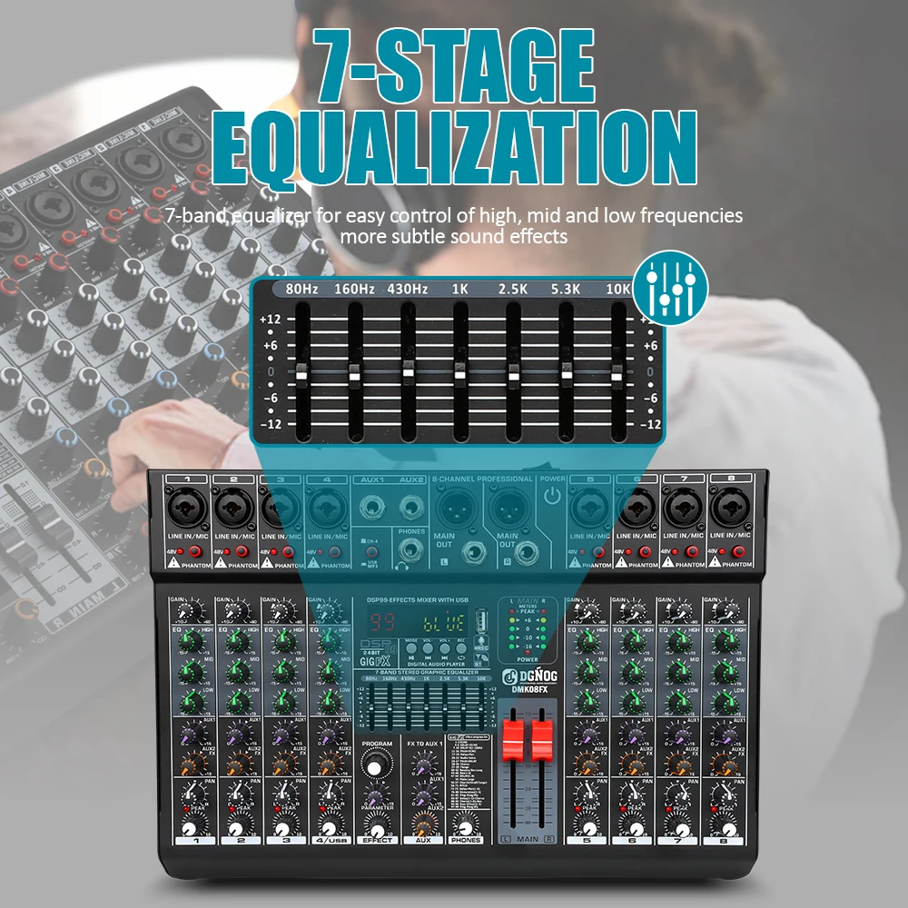 المهنية 8 قناة جهاز مزج الصوت DGNOG DMK08FX DJ وحدة خلط الصوت مع 48 فولت الطاقة الوهمية بلوتوث USB لاستوديو الكاريوكي