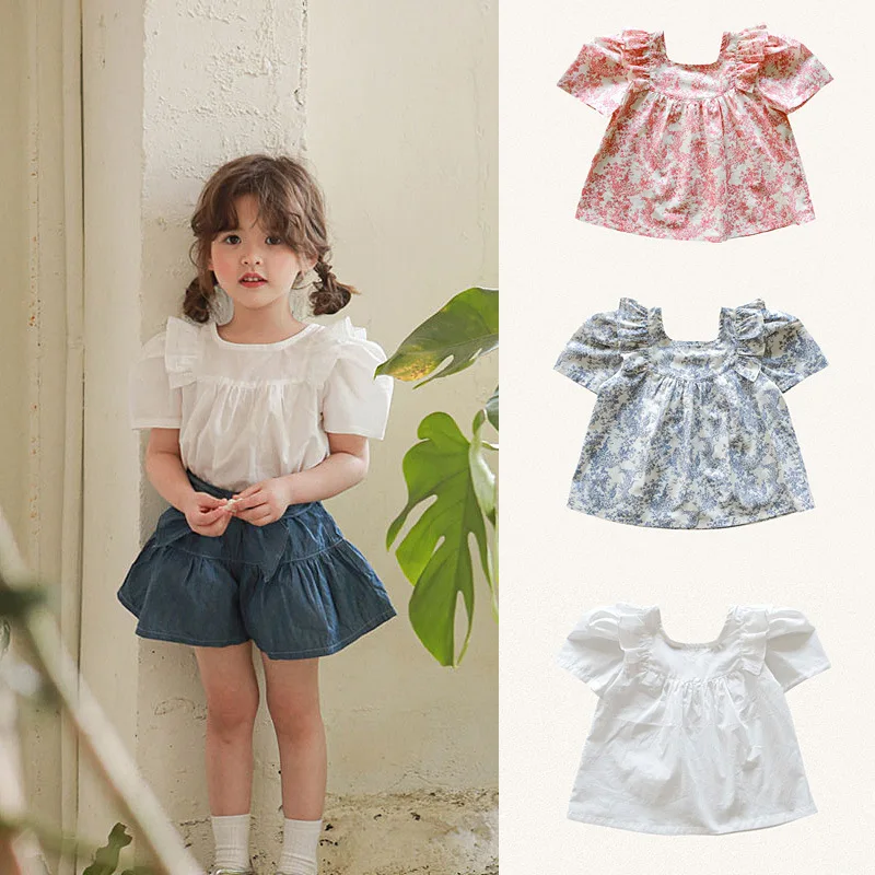 2025 Summer Girls' Children's Thin Cotton Foreign Style Square Collar Philippine Floral Shirt T-shirt in Stock Simple