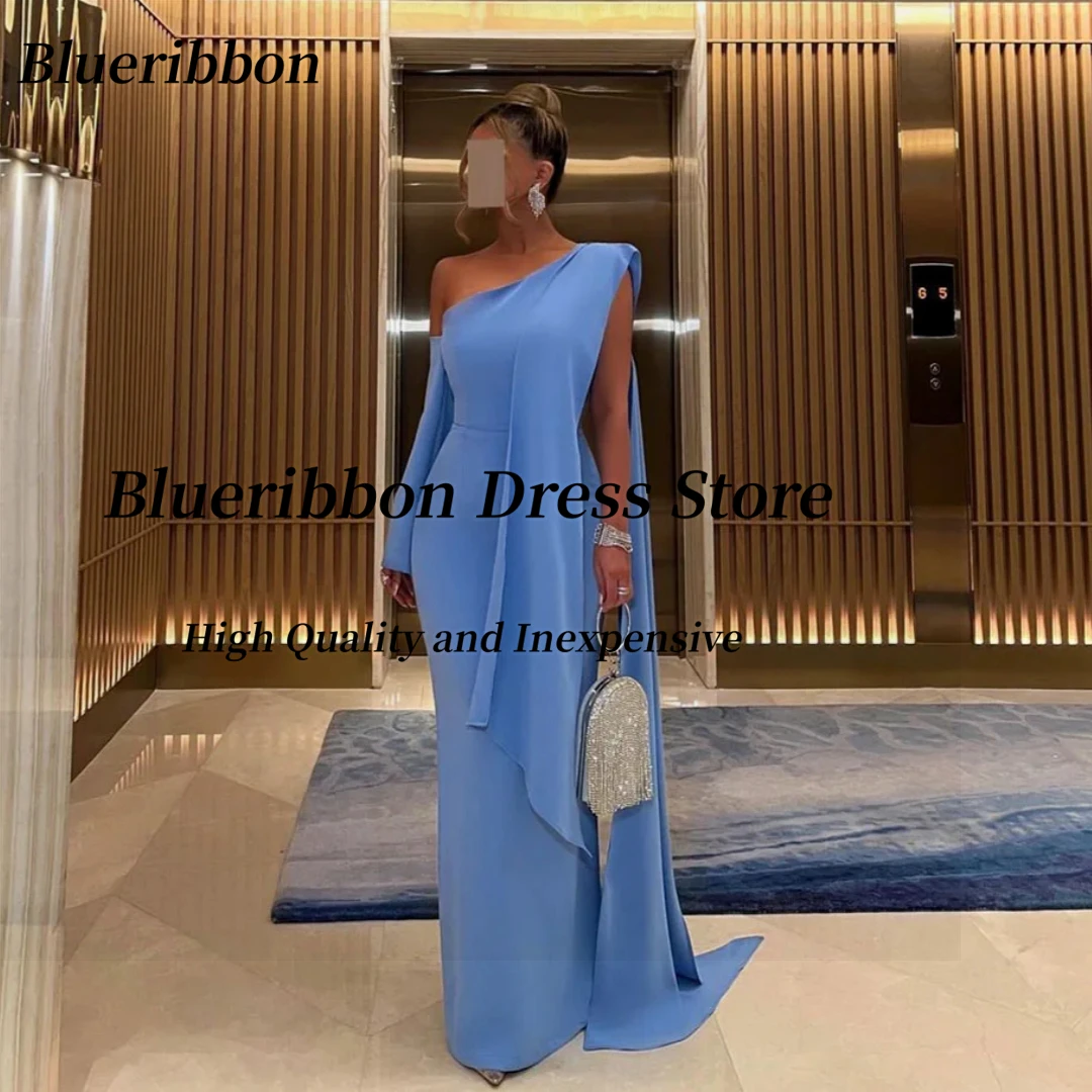 

Blueribbon Prom Dresses Customized One Shoulder Long Sleeve Saudi Women Evening Dress Zipper Back Slit Special Occasion Gowns