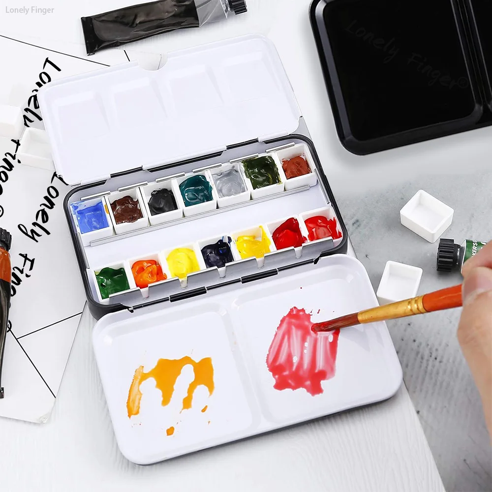 لوحة ألوان مائية فارغة: لوحة ألوان مائية للسفر مع 14 نصف مقالي - صندوق قصدير معدني محمول #6