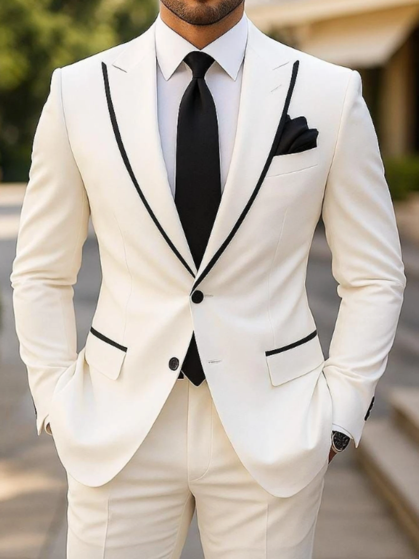 

Men Cream White Tuxedo 2 Piece Suit Black Piping Notch Lapel Slim Fit Two Button Blazer Pants Set Wedding Groom Formal