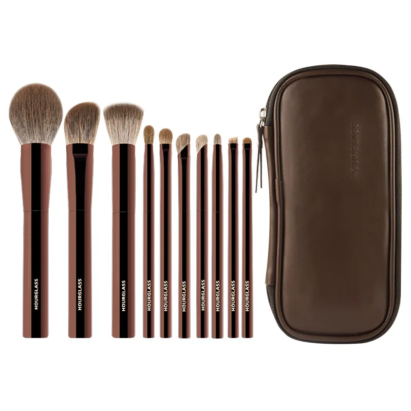 Hourglass Makeup Brush-2024New Luxury 10Pcs Natural Animal Hair Brushes Set-Blusher Powder Eyeshadow Foundation Brush-Beatuy