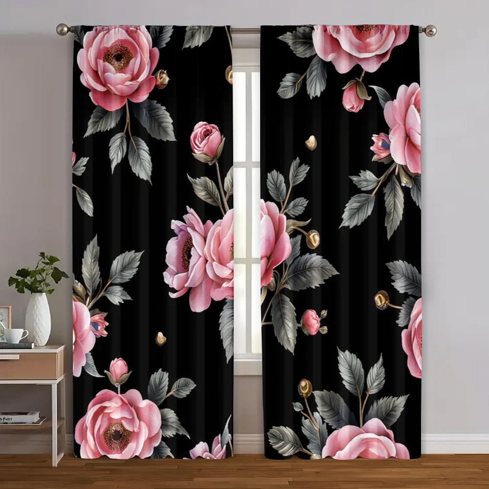 2pcs, Popular Curtain Panels Dark Series Bird and Flower Polyester (without rod) Holiday Use for Bedroom, Office, Living Room,