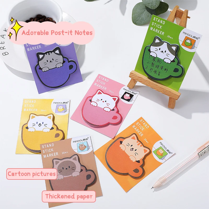 30Sheets Kawaii Cup Cats Sticky Note Pads Kawaii Self-Adhesive Memo Notepad School Students Office Supplies Stationery Planner