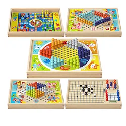 9 in 1 Mini Chess Game Checkerboard Wooden Flying Chess Chinese Checkers Flying Ludo Board Set Portable Wooden Tabletop Game Toy