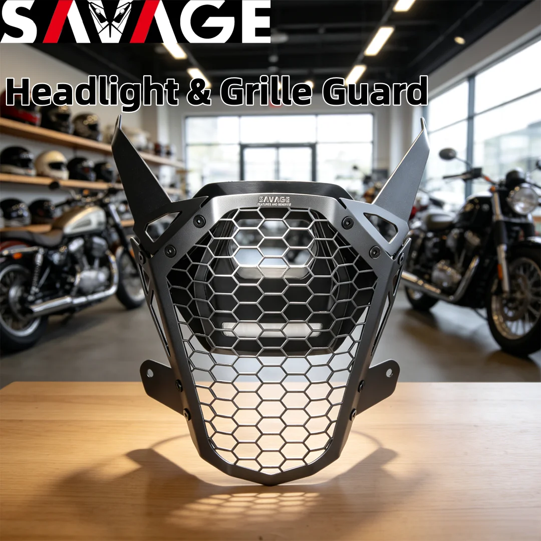 SAVAGE ZZP-V8X2400 Motorcycle Headlight Protector Grille Guard Cover Black 2mm Steel Laser Cut Easy Install