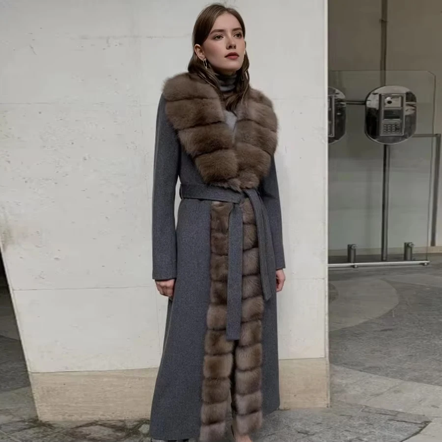 Wool Fur Coat Real Fox Fur Jacket Large Collar Best Selling Women Long Coat For Women Wool Blend Coat