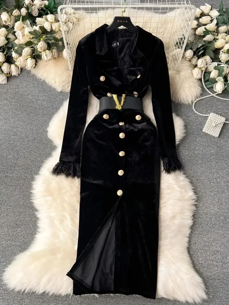 Robe de luxe en velours pour femmes, vêtements crantés, boutons métalliques, lettres fendues, ceinture, velours épais, longue fête, XQ30, automne hiver