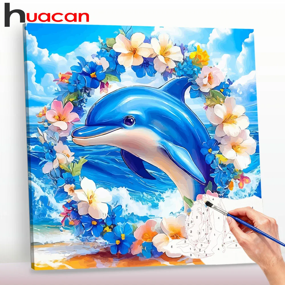 Huacan DIY digitales Ölgemälde, Delphin-Girlande, Acrylfarbe nach Zahlen, Geschenk, Malen nach Zahlen auf Leinwand, handgemaltes Geschenk
