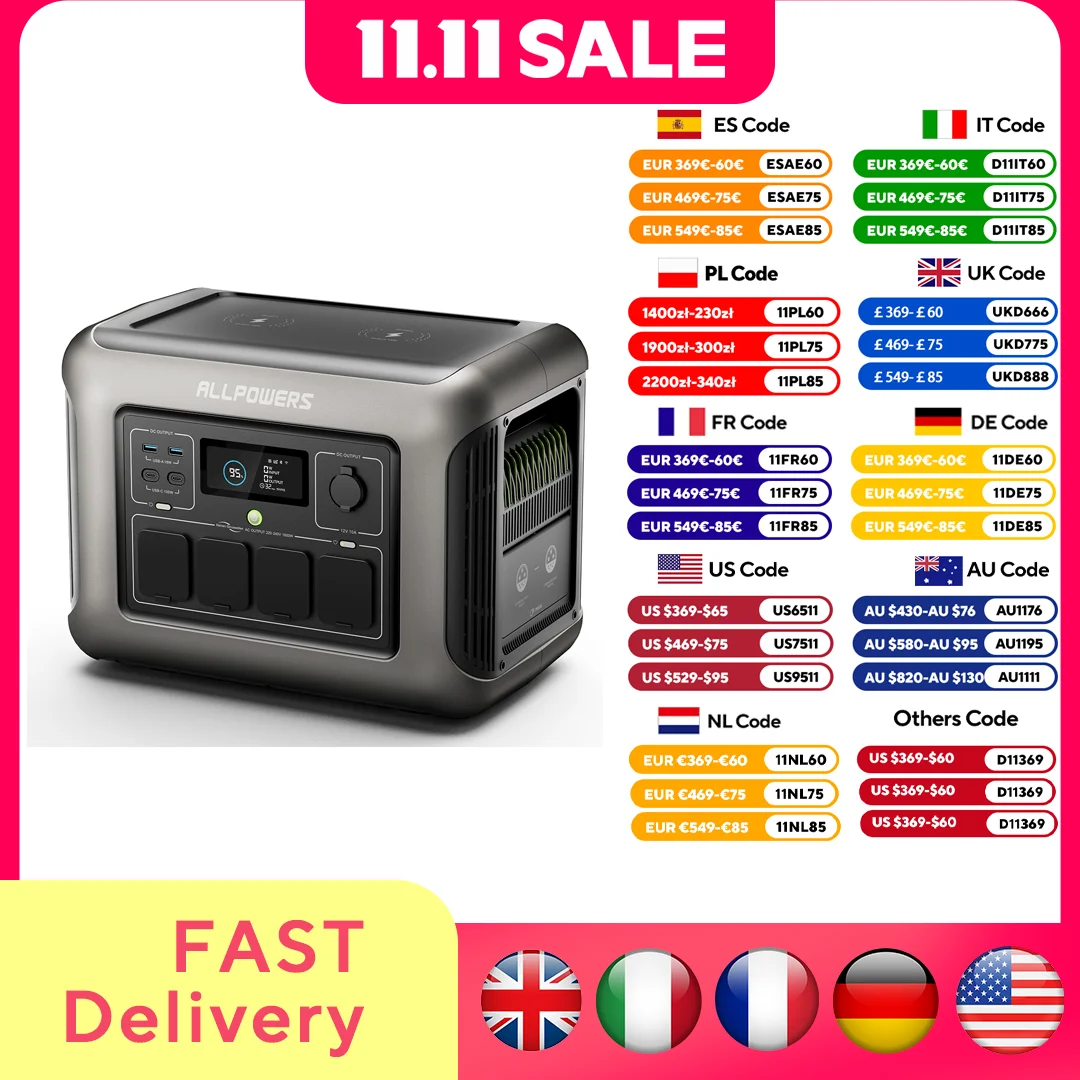 محطة طاقة محمولة ALLPOWERS R1500 بقدرة 1152 وات في الساعة LiFePO4 مع مولد طاقة شمسية بمخرج تيار متردد بقدرة 1800 وات (3000 وات لحفلات الحديقة