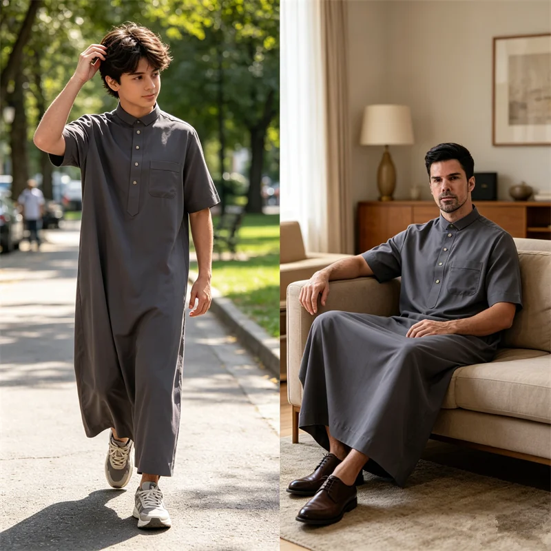 

Eid Muslim Men Middle East Abaya Dubai Gown Button Robe Islamic Clothing Jalabiya Ramadan Caftan Jubba Thobe Daffah Dishdasha