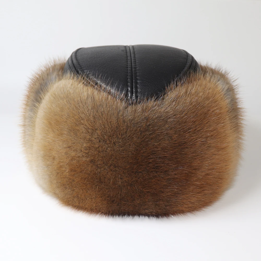 Men Winter Outdoor Keep Warm Real Mink Fur Bomber Hat 100% Natural Sheepskin Leather Cap Russian Male Genuine Muskrat Fur Hats