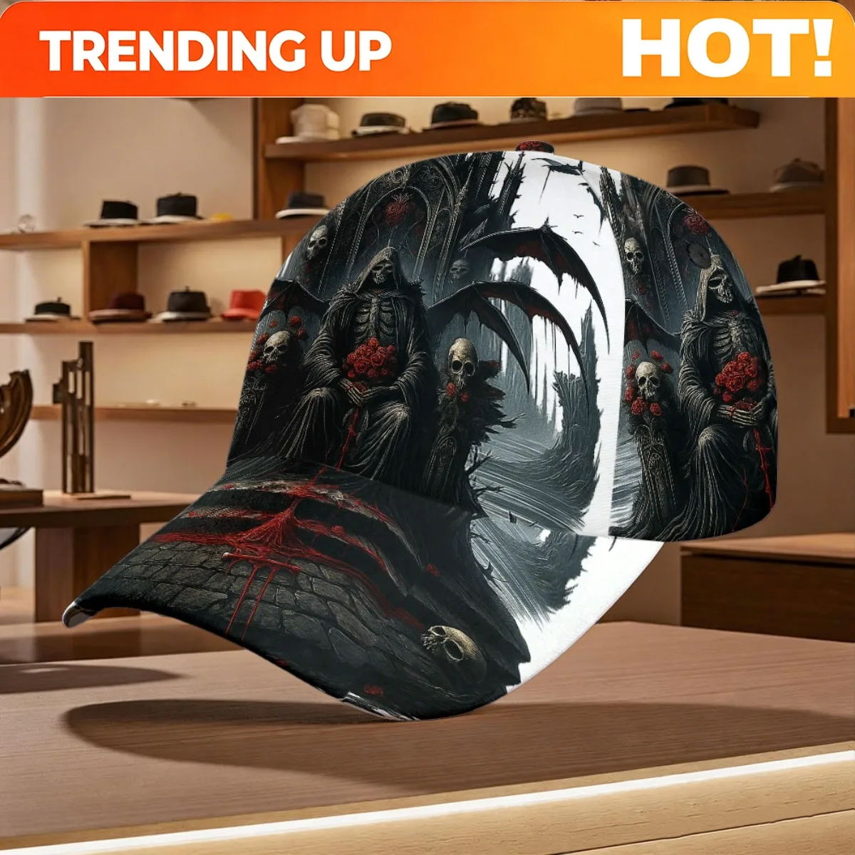 Custom 1pc Featuring A Gothic Grim Reaper Throne Design, This All-Over Print Duckbill Hat Is Breathable And, Making It Perfect F