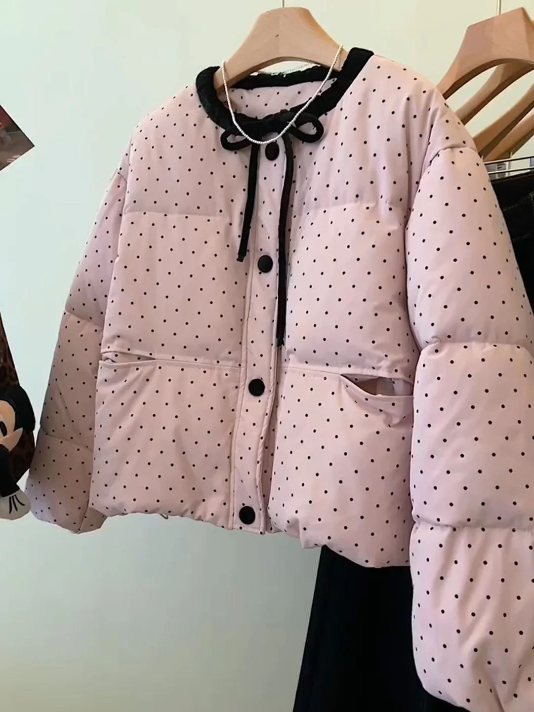

Pink Polka Dot Design Thickened Cotton Jacket Women's Fashionable round Neck Warm All-Match Winter Outerwear Korean Style