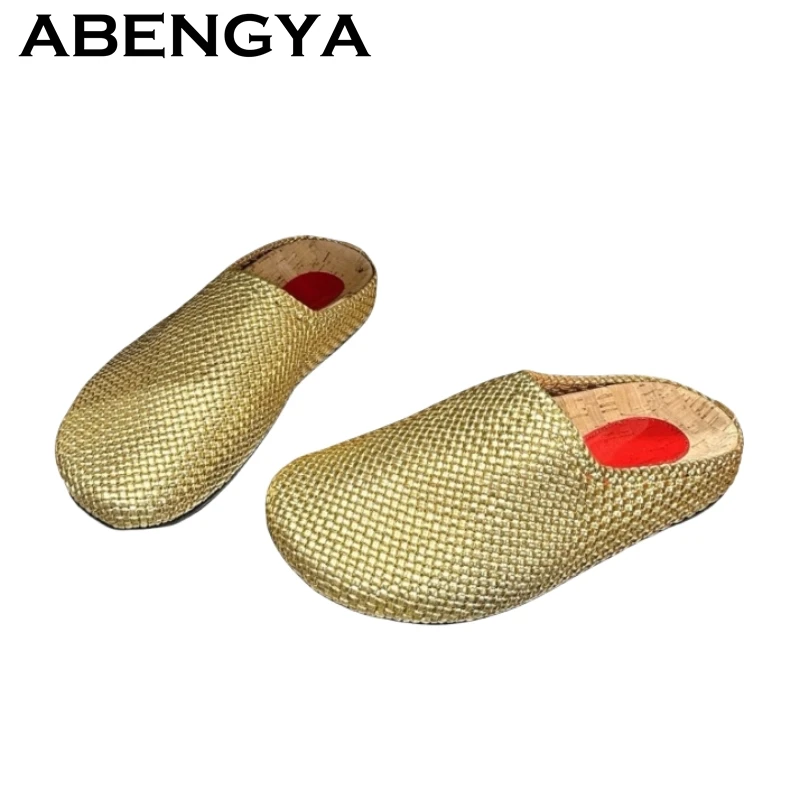 

Лето 2022, новые плетеные полутапочки на плоской подошве, женские туфли без шнуровки с круглым носком, женские повседневные удобные пляжные шлепанцы, Mujer