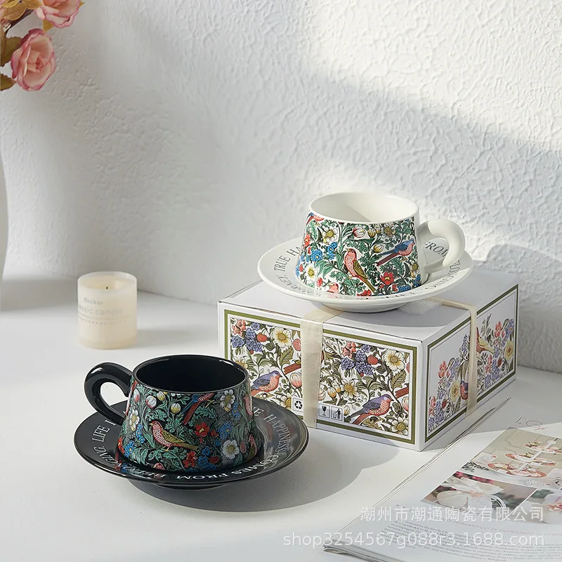 bird watercolor painting coffee cup set, fashionable medieval afternoon tea, tea cup saucer gift box, high-end souvenir