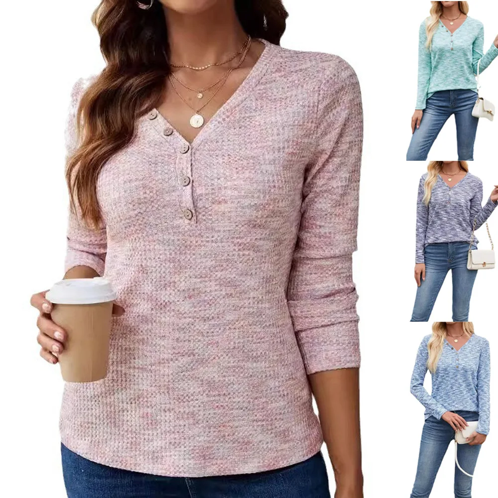 

Waffle Knit V Neck Henley Tops for Woman Clothing Long Sleeve Button Casual Loose Fit Autumn Winter Blouse
