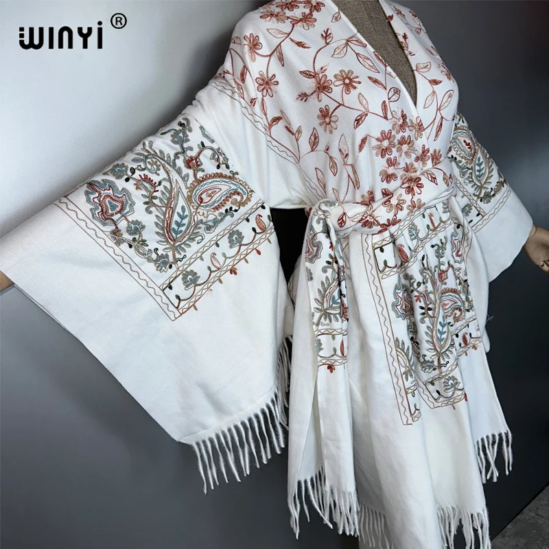 WINYI hiver femmes gland broderie Long manteau robe ample femme épais chaud Cardigan moyen-orient musulman kimono abaya dubaï luxe
