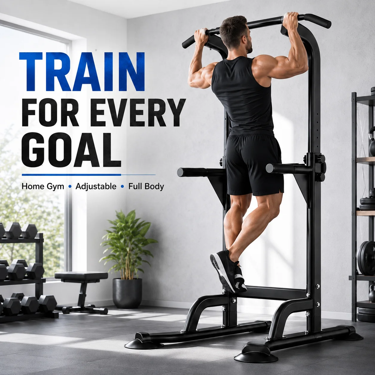 Power Tower Klimmzugstange Dip-Station mit Verstellbarer Höhe, Hochbelastbares Heimfitness-Krafttrainingsgerät, Multifunktionaler Trainingsständer für Klimmzüge, Dips und Liegestütze