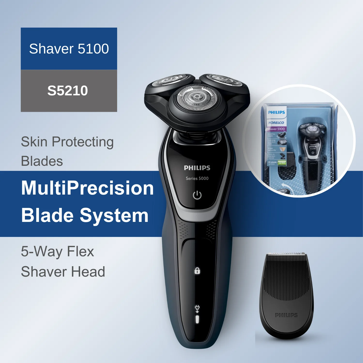 Philips Norelco Razor Shaver  series 5000 S5210, Wet & Dry, One Trimmer, Quick Charge,  MultiPrecision Blade System