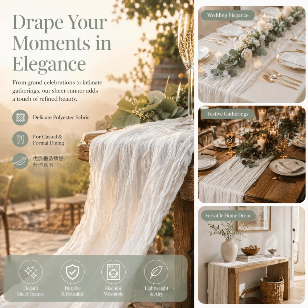 90x400cm Cheesecloth Table Runner Soft Smooth Fabric Delicate Cutwork Gauze Tablecloth Polyester Fiber Pleated Table Runner